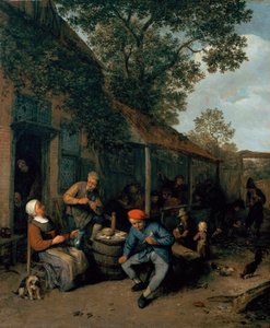 Campesinos fumando y festejando fuera de una taberna, 1676 de Adriaen Jansz. van Ostade