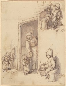 Hoja de estudio con una madre y su hija en la puerta, dos niños sentados de Adriaen Jansz. van Ostade