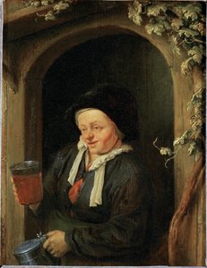 Mujer en una ventana con jarra y vaso de cerveza (pintura sobre madera de roble)