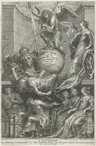 Portada alegórica con la Envidia derribada Página de título para: C. Hazart, Kerckelycke historie, 1669