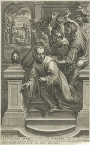 Eustachius Avril tirado por las escaleras por calvinistas de Adriaen Millaert