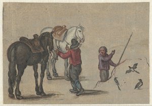 Hombre sosteniendo dos caballos y un hombre cerca de los pájaros de Adriaen Pietersz van de Venne (possibly)