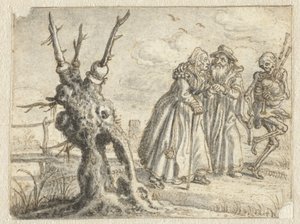 Un anciano y una mujer siguen de buen grado la muerte tocando la gaita de Adriaen Pietersz van de Venne