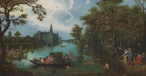 Paisaje de verano con fiesta náutica y bañistas