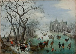 Paisaje invernal con patinadores cerca de un castillo, 1615