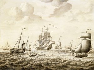 Un barco de guerra holandés disparando un saludo - un Penschilderij