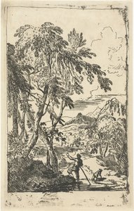Paisaje montañoso con árboles y hombre con perro de Adriaen van Diest