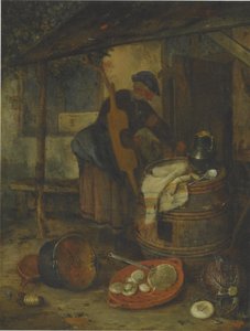 Una criada junto a una puerta con un barril y verduras de Adriaen Jansz. van Ostade