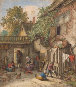 Patio interior con una mujer limpiando mejillones de Adriaen van Ostade