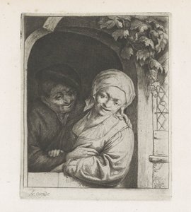 Granjero y esposa de granjero como pareja amorosa en la puerta de Adriaen van Ostade