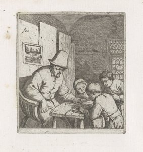 Tres estudiantes con un maestro de escuela de Adriaen van Ostade