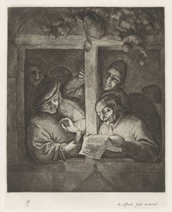 Tres hombres cantan desde una hoja de papel a la luz de las velas en una ventana abierta de Adriaen van Ostade