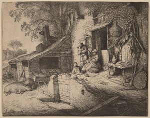 Granja con una familia campesina ante la puerta principal, la mujer hila de Adriaen van Ostade