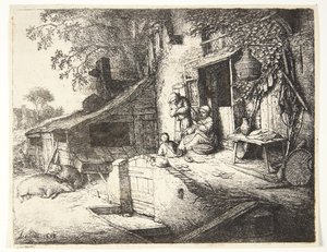 Mujer girando delante de una granja de Adriaen van Ostade