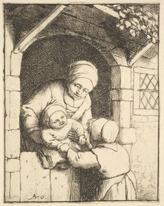 Niña pequeña jugando con un bebé en los brazos de su madre, 1610-85 de Adriaen van Ostade