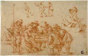 Bocetos de campesinos jugando a los dados y patinando; Boceto de niño en trineo de Adriaen van Ostade