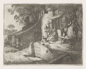 Mujer girando frente a una casa de Adriaen van Ostade