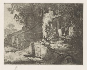Mujer girando frente a una casa de Adriaen van Ostade