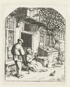 Solterona sentada en el umbral de una casa hablando con el hombre El enrollador en la puerta de casa de Adriaen van Ostade