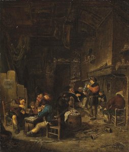 Interior de taberna con campesinos jugando a las cartas, fumando y bebiendo