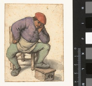 Hombre sentado apoyando el pie izquierdo sobre un calientapiés de Adriaen van Ostade