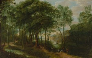 Caminantes en un sotobosque, arquitectura al fondo de Adriaen van Stalbemt