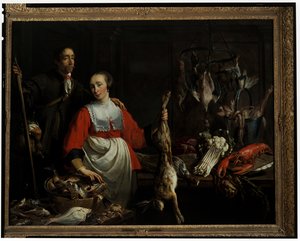 Un guardabosque con una escopeta de caza y una criada sosteniendo una liebre muerta en una despensa. de Adriaen van Utrecht