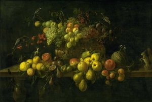 Naturaleza muerta con frutas en una mesa de Adriaen van Utrecht