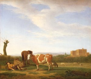 Un paisaje pastoral con un pastor durmiendo, siglo XVII
