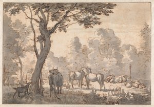 Paisaje arbolado con caballos, vacas y cabras de Adriaen van de Velde