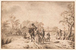 Paisaje otoñal con viajeros y transbordador de Adriaen van de Velde