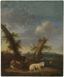 Paisaje con ovejas y un pastor dormido de Adriaen van de Velde