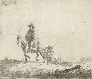 Jinete y pastor con ganado en un camino de tierra, 1653
