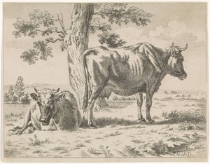 Dos vacas junto a un árbol (título de la serie) Vaca pastando junto a un árbol y dos ovejas de Adriaen van de Velde