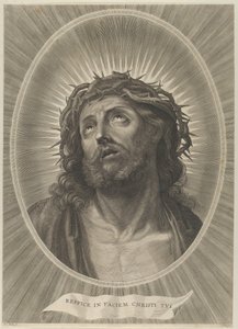 Cabeza de Cristo mirando hacia arriba con corona de espinas, en un marco ovalado, después de Reni, ca. 1653-67 de Adrian van Melar