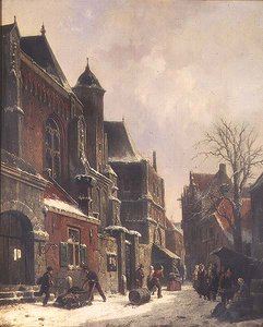 Una escena callejera holandesa con figuras junto a una iglesia de Adrianus Eversen