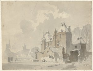 Vista de un castillo fantástico (?) cerca de una ciudad de Adrianus Eversen