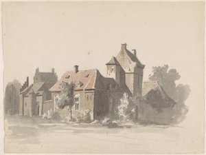 Vista de un grupo de casas con el ferrocarril urbano (?) de Adrianus Eversen