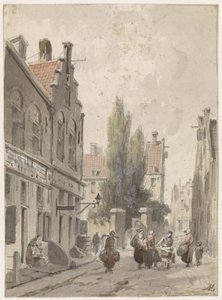 Vista de la ciudad con un vendedor ambulante de Adrianus Eversen