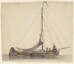 Dos hombres trabajando en una lancha con las velas arriadas de Adrianus Eversen