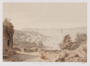 Vista de Ternate y la rada de Ternate, costa oeste de Halmahera, Molucas del Norte de Adrianus Johannes Bik