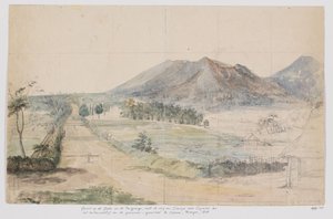 Vista de los volcanes Gedé y Pangrango, la carretera Cianjur-Cipanas y la casa de campo del gobernador general en Cipanas, Priangan, Java Occidental de Adrianus Johannes Bik