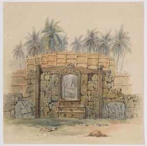 Muro de piedra coralina con abertura enmarcada hacia el pueblo de Dula (Dullah), isla de Dullah, islas Kai, sureste de las Molucas