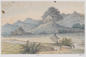 Paisaje en Cibodas con puente y pabellón, Java Occidental
