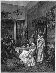 Concierto de aficionados en el estudio de un artista. Grabado después de la pintura de Adrien Moreau (1843-1906) en “El Universo Ilustrado” de Adrien (after) Moreau