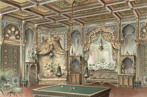 Una sala de billar árabe, ilustración de "La Decoration Interieure", publicada hacia 1893-94 (litografía en color) de Adrien (after) Simoneton