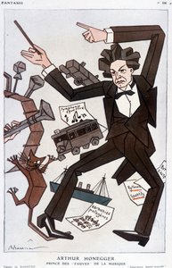 Caricatura de Arthur Honegger "Príncipe de los Fauves de la Música", compositor suizo (1892-1955) - por Barrère, en "Fantasio" del 01/01/1930 de Adrien Barrere