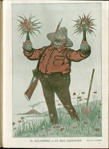 Ilustración de A Barrere (1874-1931) en "Fantasio", 01/06/15 - Sr. Salandra o el buen jardinero - Guerra del 14-18, Italia, Vino, Neutralidad, Flores, Erupciones volcánicas, Presidente del Consejo, Trieste - Salandra Antonio de Adrien Barrere