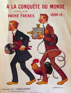 Cartel sobre los hermanos Pathe: "A la conquista del mundo" Charles Pathe y su hermano Emile llevando fonógrafos y proyectores. Ilustración de Adrien Barrere (1877-1931) siglo XX París, biblioteca del Arsenal de Adrien Barrere