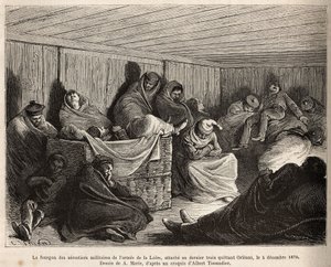 El interior del vagón de los aerostáticos militares de los ejércitos del Loira, todos dormidos, atados al último tren que sale de Orleans el 5 de diciembre de 1870, grabado según un dibujo de A.Marie ilustrando un estudio sobre naufragios aéreos, por Gasto de Adrien Emmanuel Marie